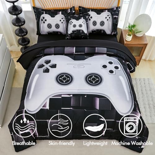 PERFEMET 6 Pcs Kids Bedding Sets for Boys Twin Size Black White Gamer Comforter with Sheet Set Soft Fluffy Gaming Bed Set Lightweight Comfy Game Bed in A Bag for All Season(White, Twin)