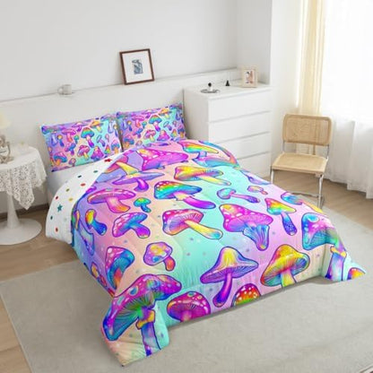 Mushroom Comforter Set Colorful Hippie Style Mushroom Bedding for Boys Girls Blue Purple Gradient Bedding Comforter Sets Exotic Botanical Plants Fungi Decor Duvet Insert Halloween Themed Quilt Full