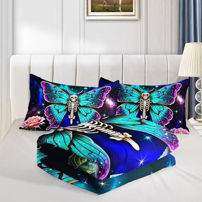 Butterfly Bedding Rustic Flower Comforter Set for Kids Girls Bedroom Decor, Gothic Skull Comforter Set Queen Size, Aesthetic Animal Theme Bedding Soft Lightweight with 2 Pillowcases