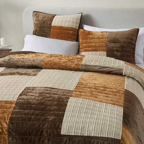 Wonderful 3-Piece Velvet Patchwork Quilt Set, Queen Striped Channel Stitch Brown Quilt,Pet-Friendly,Soft Lightweight Comforter Versatile as Quilt/Bedspread for Adults Teens Kids Bedroom,94"x94"