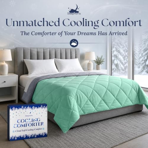 Cooling Comforter - BreezeWeave Cooling Blanket Queen Size for Hot Sleepers & Deep Rest - Cloud Soft, Breathable, Ultra Durable, Easy Care, Reversible - 90 x 90 in (Mint Green & Dark Grey)