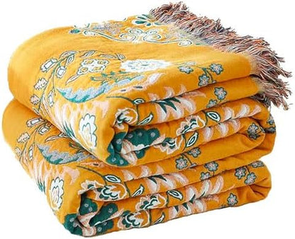 VANJOROY Boho Throw Blanket, 100% Cotton Soft Sofa Bed Throw-Floral Farmhouse Decor Blanket, Reversible Bohemian Throw for Chair Couch Quilt and Gift, 60" x 80"-Yellow