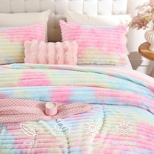 Smoofy Fluffy Queen Size Comforter 3 PCS - Rainbow Fleece Bedding Set