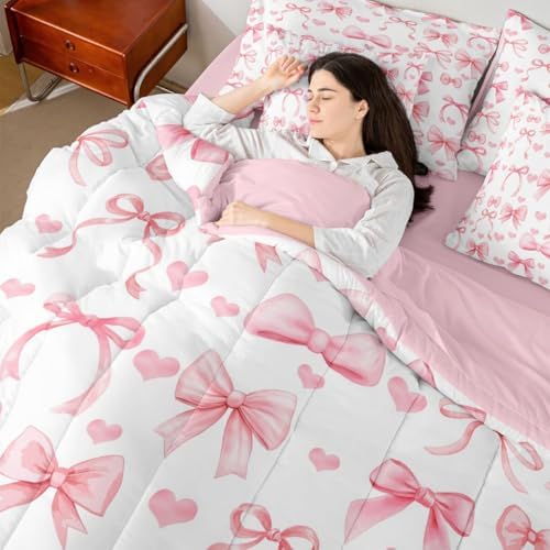 Erosebridal Princess Bow Bed in a Bag King Size Comforter Set 7 Pieces | Pink Bow Tie Bedding Sets Cute Ribbon Bowknot Comforter and Sheet Set, Girly Kawaii Love Hearts Bed Sets