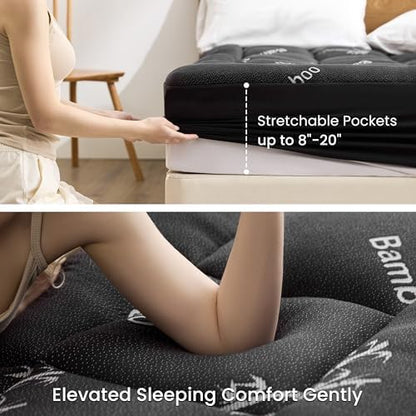 Love's cabin Queen Mattress Topper Viscose Derived from Bamboo, Thick Pillow Top Mattress Pad with Stretchable Pockets for 8"-20" Mattress, Breathable Cooling Mattress Topper for Hot Sleepers, Black
