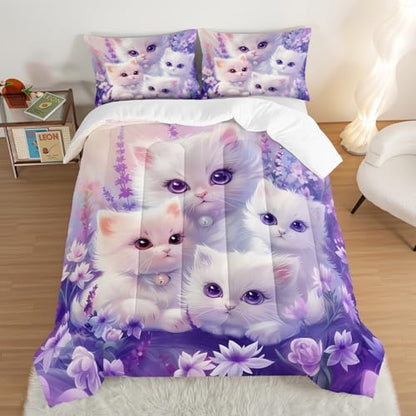 Cute Cat Comforter Bedding Sets Twin Size with 2 Pillowcases.
