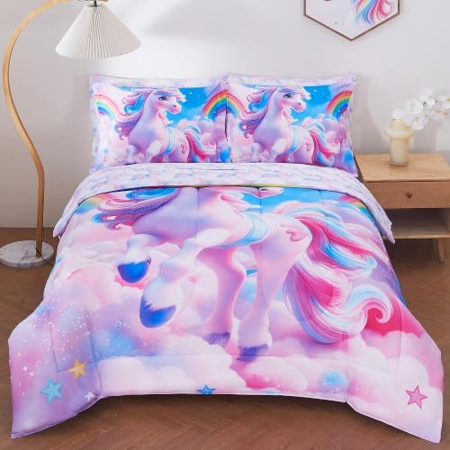 Viviland Kids Bedding Set Full Size Comforter Sets, Bed in Rainbow Unicorn Cover Set for Children