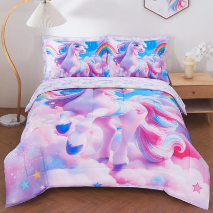 Viviland Kids Bedding Set Full Size Comforter Sets, Bed in Rainbow Unicorn Cover Set for Children