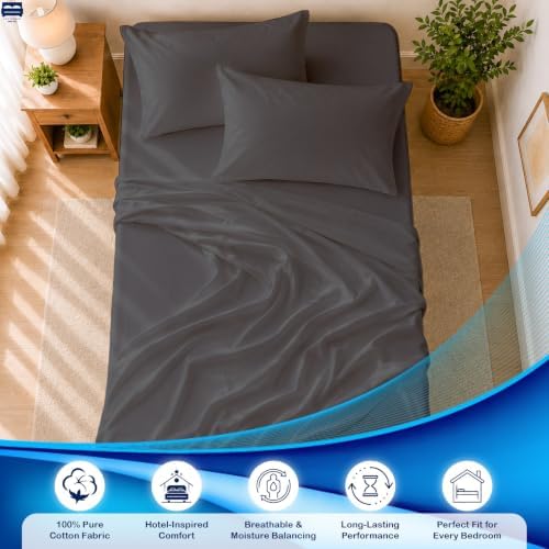 Cottingon 4 PC Cot Sheet Set 33"X75", Egyptian Cotton, Dark Grey