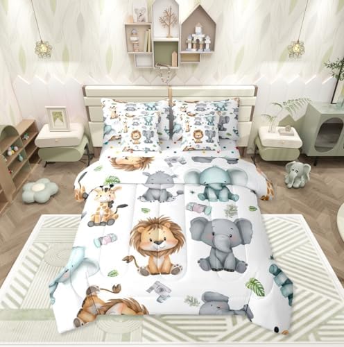 Erosebridal Cartoon Animals 7 Piece Comforter Set King for Nursery Child Bedroom | Cute Lion Elephant Hippo Bedding Set Tropical Bed Set Palm Tree Leaves Bed Sheets Kawaii Zoo Wildlife Quilt
