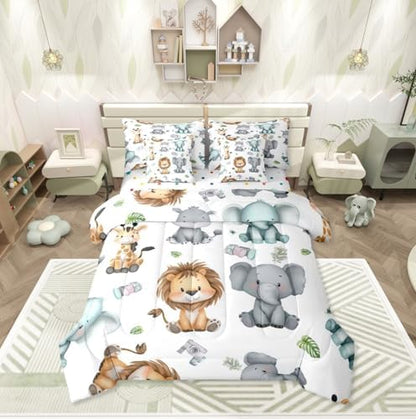 Erosebridal Cartoon Animals 7 Piece Comforter Set King for Nursery Child Bedroom | Cute Lion Elephant Hippo Bedding Set Tropical Bed Set Palm Tree Leaves Bed Sheets Kawaii Zoo Wildlife Quilt