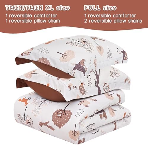 Yibeizi Kids Comforter Set for Boys Girls Full Size, Cute Quilted Woodland Forest Animal Print Fall Bedding with Pillow Sham, Lightweight Soft Breathable Machine Camping Themed Bed Set 3 Piece