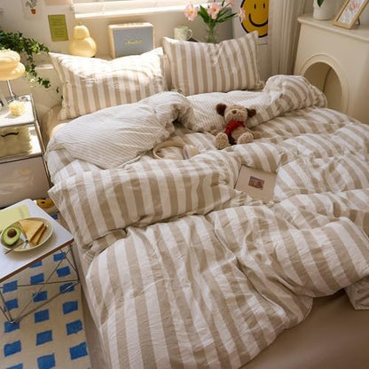 LifeTB Vintage Striped Comforter Set Queen, 3 Piece Brown White Stripes Pattern Printed Comforter with 2 Pillowcases, Soft Breathable Khaki Striped Bedding Comforter Farmhouse Queen Comforter Set