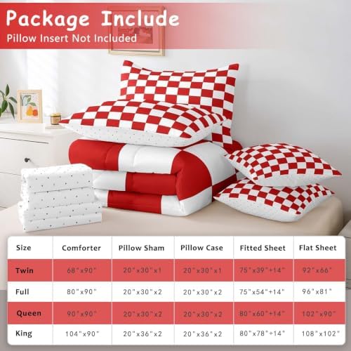 Feelyou Checkered Retro 7 Piece Bedding Set Teen Women Men Red White Plaid Comforter Set with Sheets King Size Kids Boys Geometric Vintage Bed in a Bag Modern Simple Groovy Aesthetic Room Decor