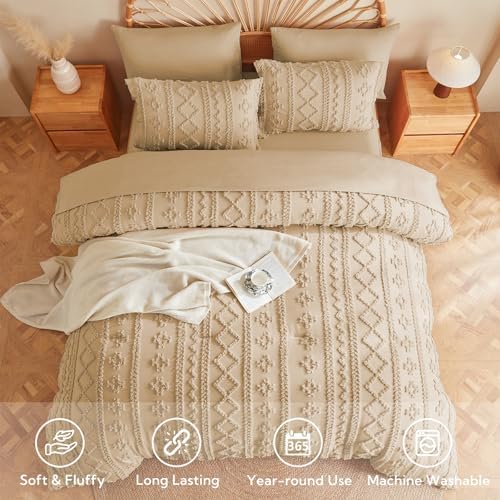 MR&HM Queen Comforter Set 7 Pieces, Fluffy Tufted Boho Beddding Set Khaki