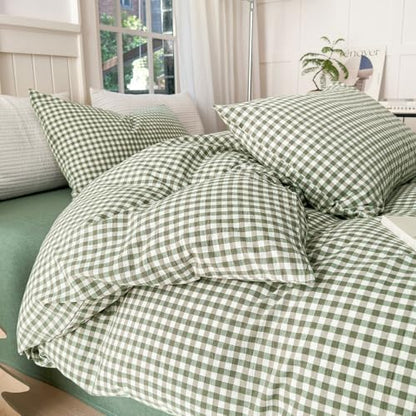 LifeTB Green Gingham Comforter Set King Modern Style Plaid Comforter Set 3 Pieces Boho Grid Comforter with 2 Pillowcases Soft Fluffy Checkered Pattern Comforter Farmhouse Gingham Bedding Set King