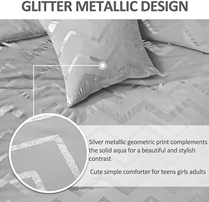 Menghomeus Grey and Silver Comforter Set Twin/Twin XL Metallic Print Geometric Bed Comforter Lightweight Microfiber Bedding for Teen Girls Boys (1 Pillow Sham + 1 Decorative Pillow Sham)