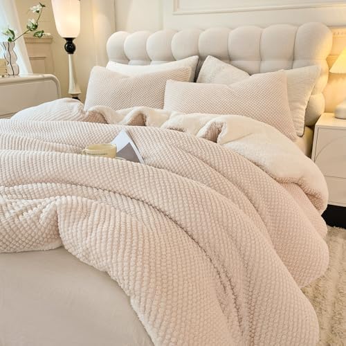 LLanCL 3D Jacquard Design Comforter Set, Ultra-Soft Warm Full Size Sherpa Fur Plush 3-Pieces Sets Luxury Cozy Bedding with 2 Pillowcases (80"x90", Cream White)