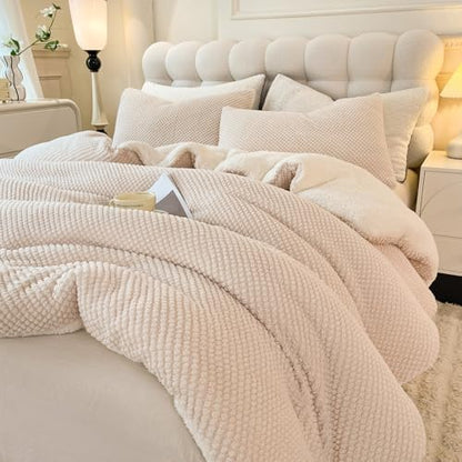 LLanCL 3D Jacquard Design Comforter Set, Ultra-Soft Warm Full Size Sherpa Fur Plush 3-Pieces Sets Luxury Cozy Bedding with 2 Pillowcases (80"x90", Cream White)