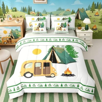 Erosebridal Rv Happy Camping Full Comforter Set with Sheets Camper Decor 7-Piece Bedding Set for Kids Boys Teens Bedroom Rustic Farmhouse Bed in A Bag Pine Tree Bonfire Bed Sets, Green White