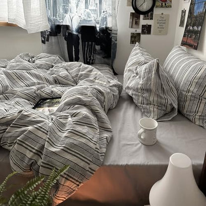 mixinni Washed Cotton Duvet Cover Twin Set - 3 Piece Gray & White Striped Bedding with Pillowcases | Vintage Industrial Style | 100% Cotton Soft Breathable-Twin Size