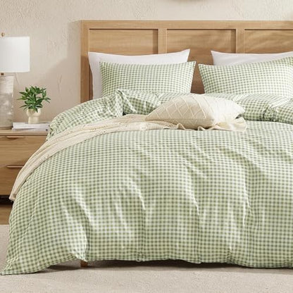 Andency Sage Gingham Duvet Cover Queen, Green Checkered Plaid Bedding Set