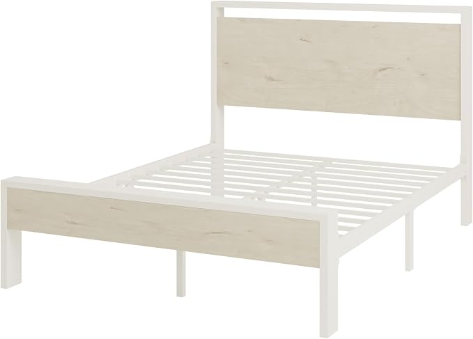 SHA CERLIN 14 Inch Queen Metal Platform Bed Frame with Wooden Headboard and Footboard, No Box Spring Needed, Large Under Bed Storage, Heavy Duty Slats Support, White Washed Oak