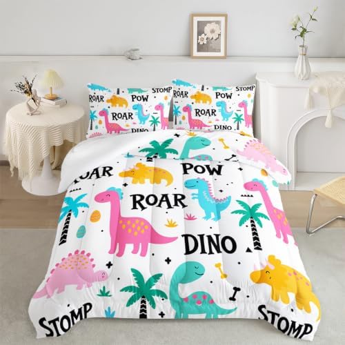 Axolotl Girls Cartoon Dinosaur Bedding Comforter Set,Cute Colorful Dinosaur Bedding for Girls Teens,Kawaii Dino Animal Kids Comforter Set for Boys Adults,1 Quilt 2 Pillow Cases,White King Size