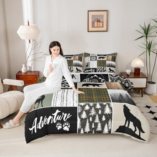 Camper Adventure Kids Comforter Set Queen Size,Deer Antlers Bear Paws Rustic Farmhouse Bedding Set for Boys Girls Adults Room Decor,Atzec Arrows Boho Down Comforter,Camo Duvet Insert,2 Pillowcases