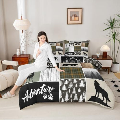 Camper Adventure Kids Comforter Set Queen Size,Deer Antlers Bear Paws Rustic Farmhouse Bedding Set for Boys Girls Adults Room Decor,Atzec Arrows Boho Down Comforter,Camo Duvet Insert,2 Pillowcases