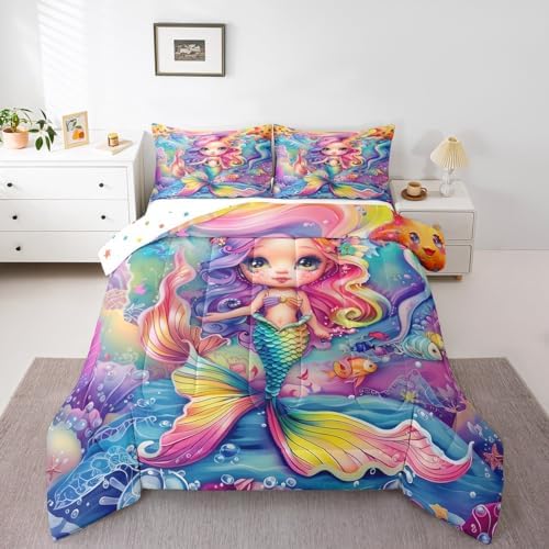 Castle Fairy Mermaid Comforter Sets King Size Cartoon Princess Rainbow Mermaid Bedding Set for Kids Girls Teens Bedroom Decor,Cute Ocean Animal Theme Duvet Quilt Watercolor Reversible Soft Comforter