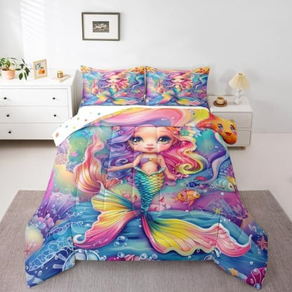 Castle Fairy Mermaid Comforter Sets King Size Cartoon Princess Rainbow Mermaid Bedding Set for Kids Girls Teens Bedroom Decor,Cute Ocean Animal Theme Duvet Quilt Watercolor Reversible Soft Comforter