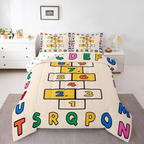 jejeloiu Alphabet ABC Bedding Set Soft for Boys Girls, Number Learning Comforter Set Full Size Colorful Educational Duvet Quilt Microfiber Bedroom Decor 3 Pcs with 2 Pillow Cases