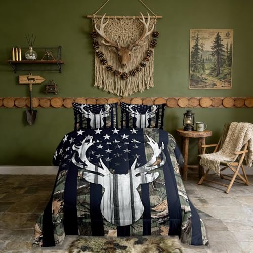 Camo Toddler Size Bedding Set for Boys, Army Green Camo American Flag Comforter Set,Teens Camouflage Deer Animal Hunting Quilt Set Rustic Farmhouse Woodeen Cabin Decor Bedding Quilt,1 Pillowcase