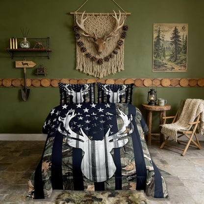 Camo Toddler Size Bedding Set for Boys, Army Green Camo American Flag Comforter Set,Teens Camouflage Deer Animal Hunting Quilt Set Rustic Farmhouse Woodeen Cabin Decor Bedding Quilt,1 Pillowcase