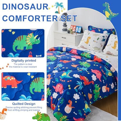 Wajade 7 Piece Kid Boys Dinosaur Comforter Set Twin Size 3D Blue Dinosaur Wild Park Jungle Print Bedding Set with Comforter, Sheet Set, Pillowcase and Sham