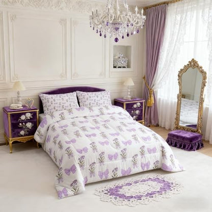 Castle Fairy Purple Bowknot Bedding Set King Size,Vintage Farmhouse Kawaii Purple Floral Comforter Set for Adult Women Bedroom,Romantic Princess Style Ultra Soft Bedding Set with 2 Pillowcases,3Pcs