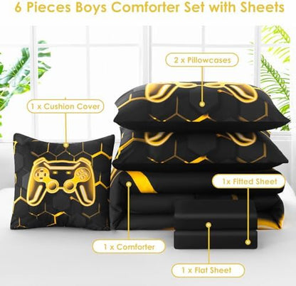 Gamer Twin Comforter Set for Boys - 6 Pieces Gold Gaming Teen Boy Bedding, 3D Game Console Kids Bed in A Bag, Gamepad Printed Bed Set with Sheets (Gold, Twin)
