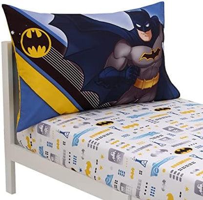 Warner Brothers Batman The Caped Crusader Blue, Gray, and Yellow Bat-Signal and Batmobile 2 Piece Toddler Sheet Set - Fitted Bottom Sheet and Reversible Pillowcase