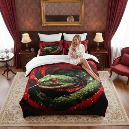 CCoutueChen Snake Roses Comforter Set Queen Size, Romantic Soft Microfiber Bedding Set for Women, Red Green Gothic Bedroom Decor, 90"x90"