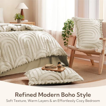 MR&HM Queen Comforter Set Boho 7pcs, Beige Weatern Arch Tufted Bedding Set