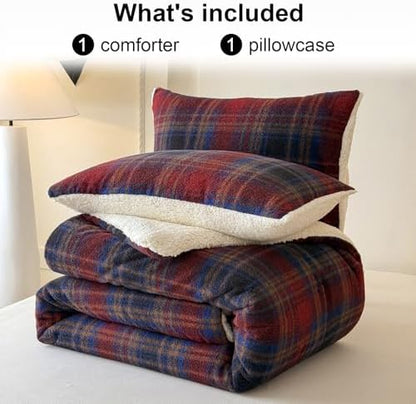 Cyusri Plaid Sherpa Comforter Set 2Pcs Fluffy Warm Fleece Down Alternative, Red Blue Grid Pattern Bedding Set with 1 Pillowcase, Twin Size 68"x90"