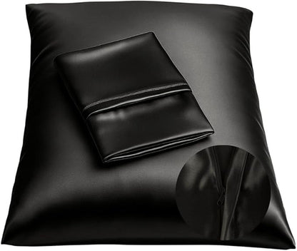 BLISSFORD Black Satin Pillowcase with Zipper for Hair and Skin Care, Feels Soft and Cool Like a Silk Pillowcase, Satin Pillow Cases 2 Pack, Slik Pillow Cover, Queen Size - 20x30