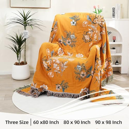 VANJOROY Boho Large Throw Blanket, 100% Organic Cotton Breathable Soft Bed Throw - Floral Bird Farmhouse Decor Blanket for Sofa Couch Chair Quilt and Gift. (Flower-Art, 80" x 90")