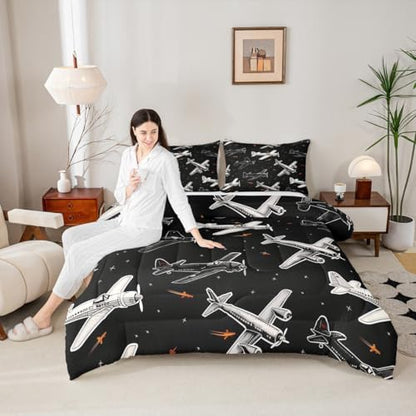 Erosebridal Boys Cartoon Airplane Twin Comforter Set, Black and White Bedding Set, Modern Aircraft Comforter, Aviation Theme Duvet Insert with 1 Pillowcase for Kids Men Bedroom Decor, 2 Pcs