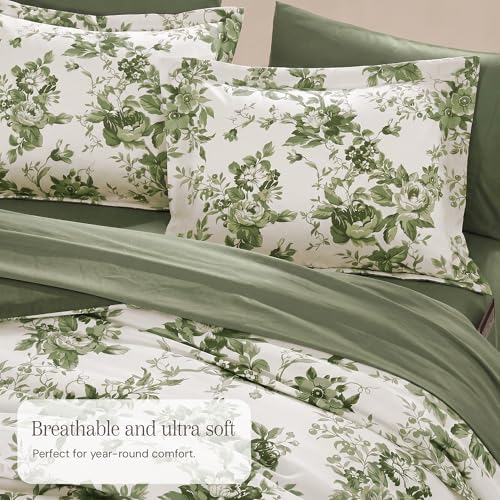 BLOOMHAVEN King Size Comforter Set-7 Pieces Green Floral Bed in a Bag King