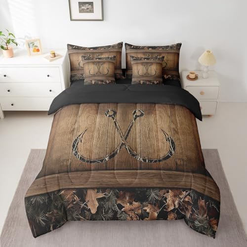 Erosebridal 7 Piece Rustic Lake Cabin Comforter Set with Sheets Farmhouse Fishing Bedding Set Queen Tree Branches Camo Fish Hook Bed in A Bag for Kids Boys Teen Men Country Camouflage Bed Set