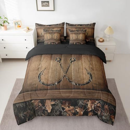 Erosebridal 7 Piece Rustic Lake Cabin Comforter Set with Sheets Farmhouse Fishing Bedding Set Queen Tree Branches Camo Fish Hook Bed in A Bag for Kids Boys Teen Men Country Camouflage Bed Set