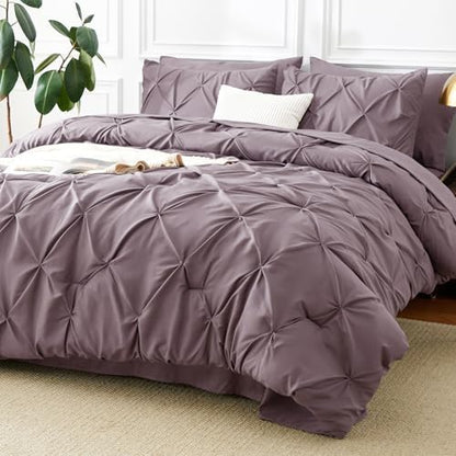 CozyLux King Comforter Set Dusty Purple, 7 Pieces Pintuck Bed in a Bag