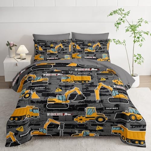 7Pcs Truck Comforter Set Engineering Vehicle Printed Bedding Set with 1 Comforter, 1 Flat Sheet, 1 Fitted Sheet and 4 Pillowcases for Boys and Girls Bedroom All Season(Queen)